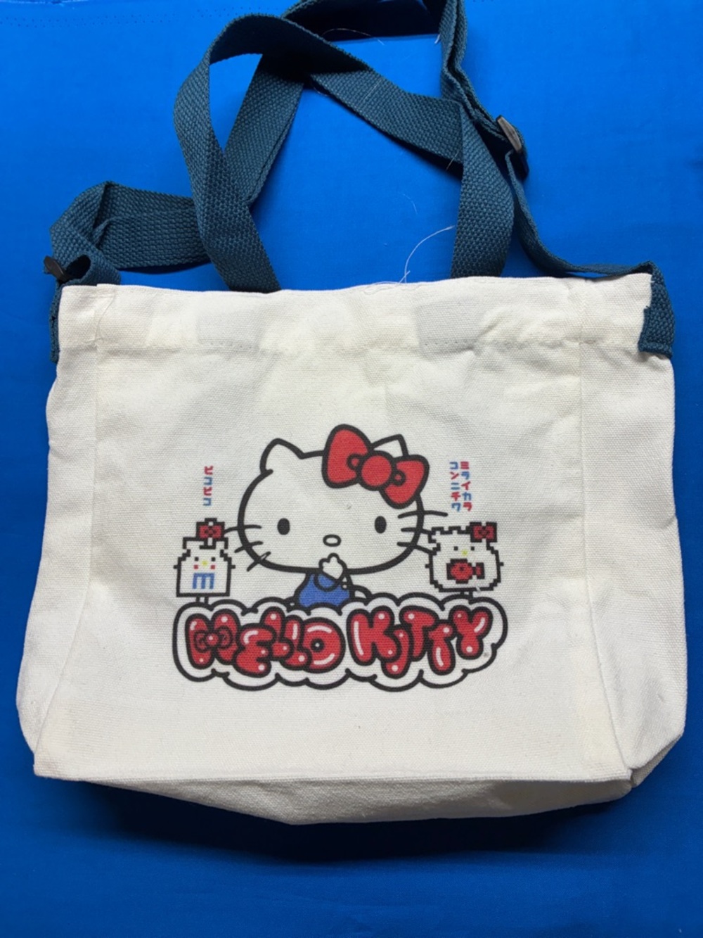 Hello Kitty Cream Tote with Red Bow and Navy Straps